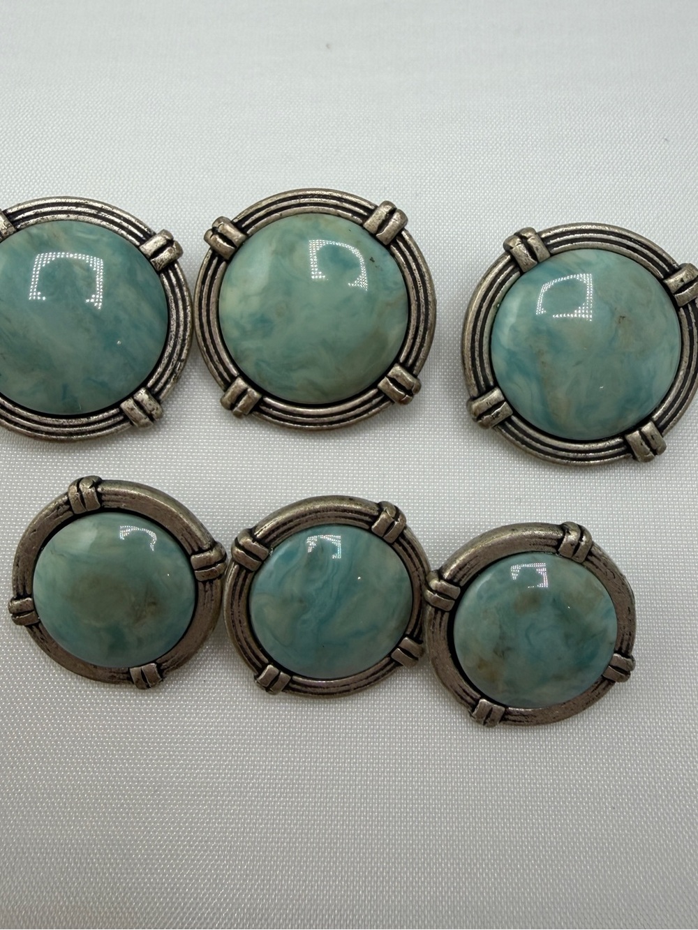 6 Vintage LA MODE Sewing Buttons Light Blue Faux Gem w/ Silver Tone Boarder